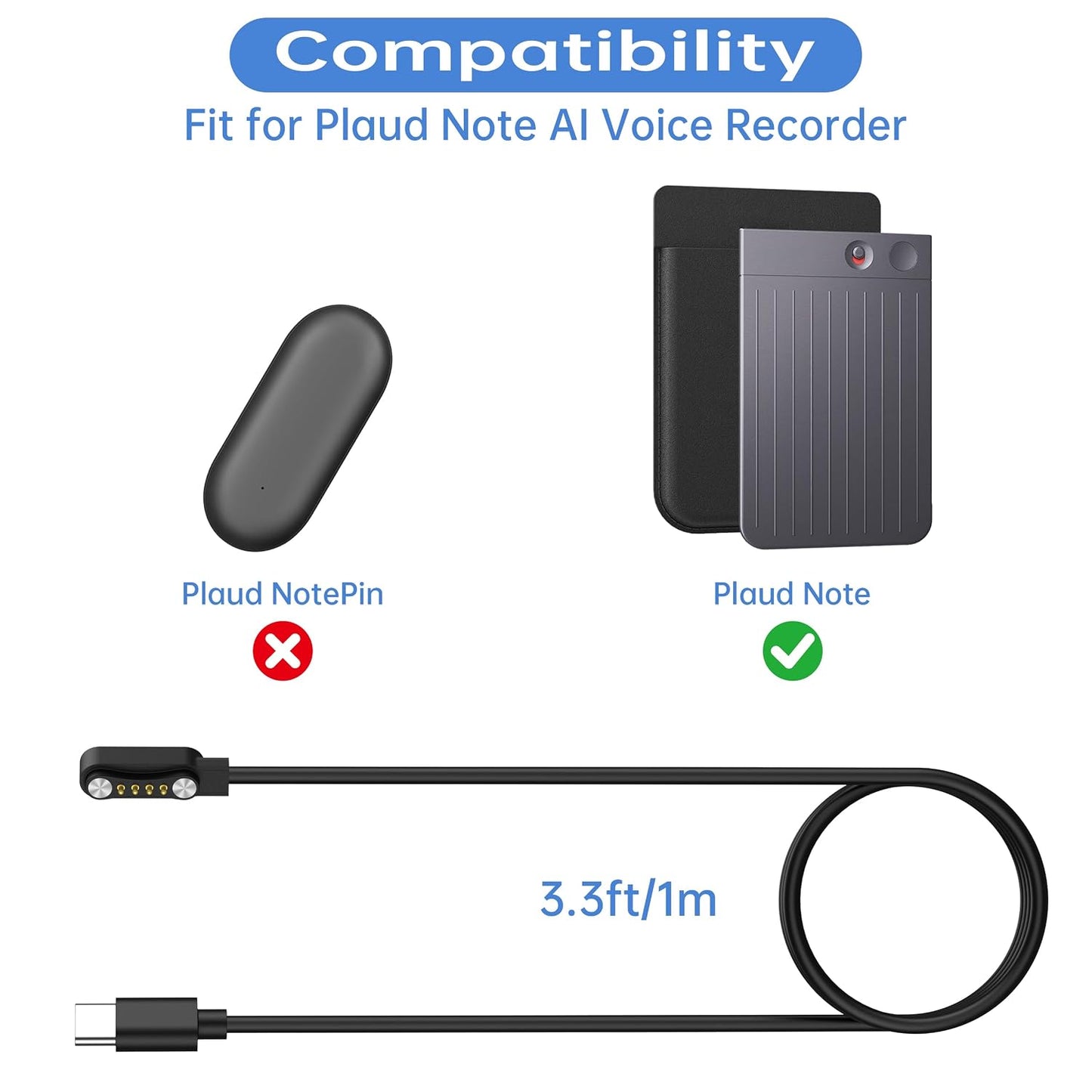 Mugust 2 Pack 3.3ft USB C Magnetic for PLAUD Note AI Voice Recorder Charger, Replacement Charging Cable Accessories