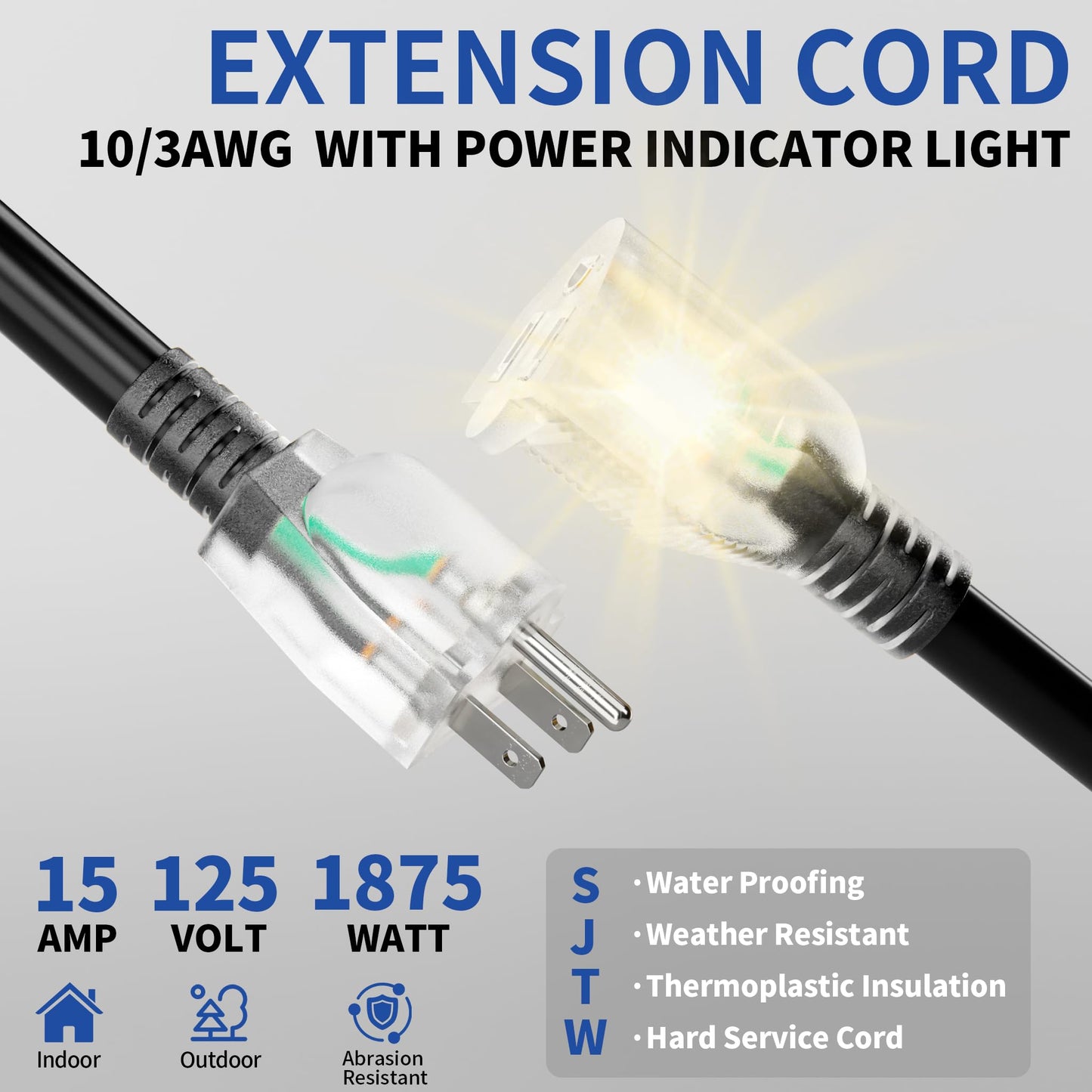 Cismorvex 100ft Outdoor/Indoor Extension Cord with Lighted 10/3 Gauge Ultra 3 Prong Heavy Duty SJTW, Waterproof, Flexible Cold-Resistant,15A 125V 1875W, Black