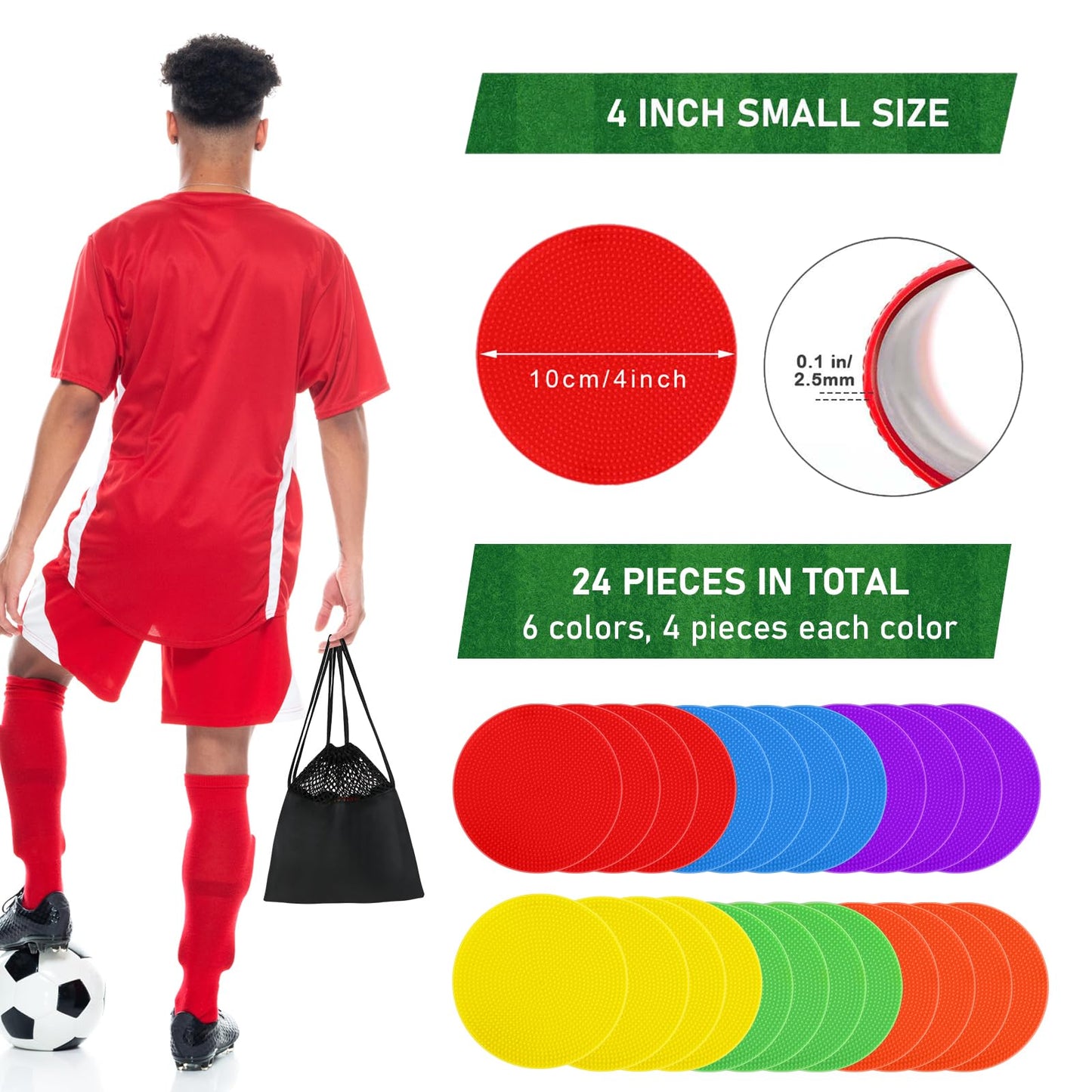 ZIECE Poly Spot Markers 4inch Poly Spots for Gym Floor, 24 Pcs Flat Cones Non-Slip Rubber Floor Dots Agility Markers for Soccer Basketball Sports Speed Training, Dance, Classroom Activities
