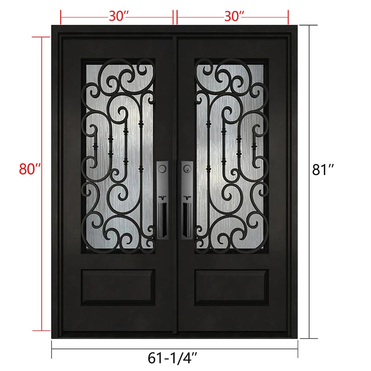 BGW Doors Matte Black Iron Double Front Entry Door with Tempered Privacy Glass, Prehung Pre-Finished Exterior Door, Right Inswing, 30x30x80