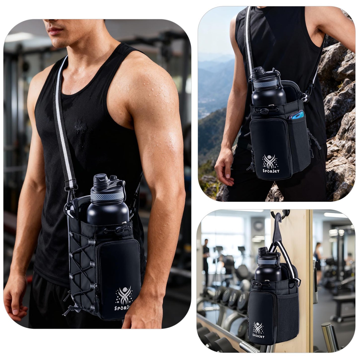SPORJET Magnetic Gym Bag for Water Bottle – Fits Up to 46oz, Sling Water Bottle Holder with Strap & Phone Pocket, Magnetic Workout Bag for Gym, Fitness, Outdoor, Men & Women