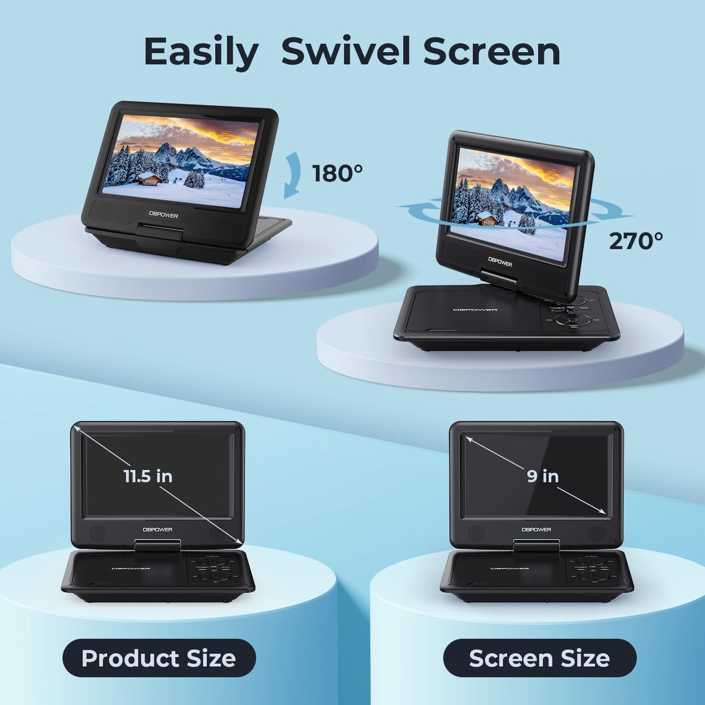 DBPOWER 11.5" 5-Hour 9" 1.8 Portable DVD Player, Built-in Rechargeable Battery, Swivel Screen, Support CD/DVD/SD