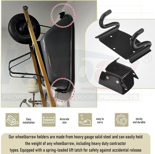 Heavy Duty Wheelbarrow Storage Bracket by [Brand Name] - 90 lbs Capacity with Spring Loaded Safety Catch