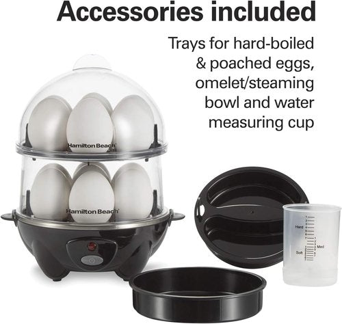 Hamilton Beach 3-in-1 Electric Egg Cooker - Hard Boiled, Poached & Omelet Maker, Black | Holds 14 Eggs