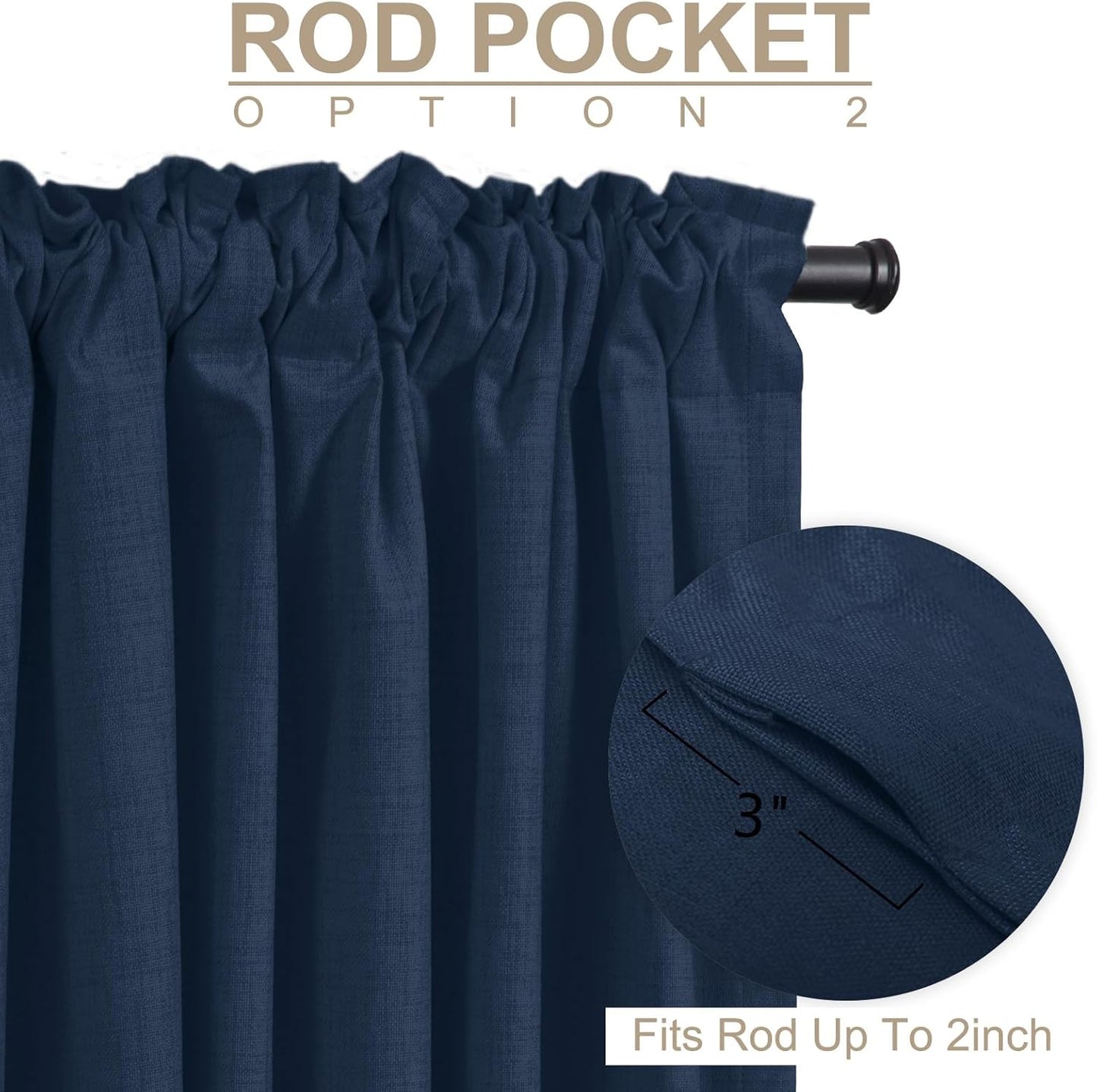Skiennix 100% Blackout Linen Curtains - Thermal Insulated Drapes, 50" W x 102" L, Midnight Blue | 2 Panels Set
