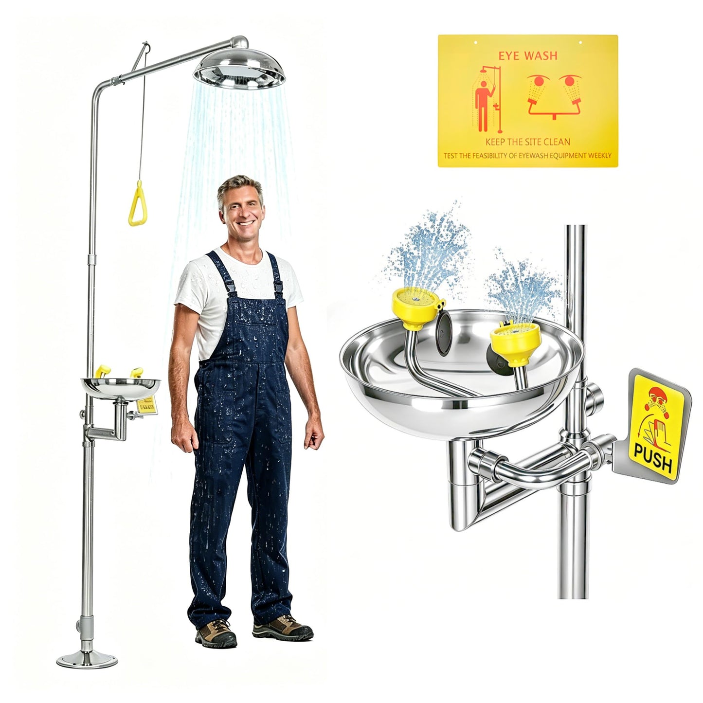 lukar Emergency Shower Eye Wash Station, 304 Stainless Steel Eye Wash Shower Station, 90”Combination Eyewash Shower Station for Industrial Commercial, with Emergency Sign & NPT Threads