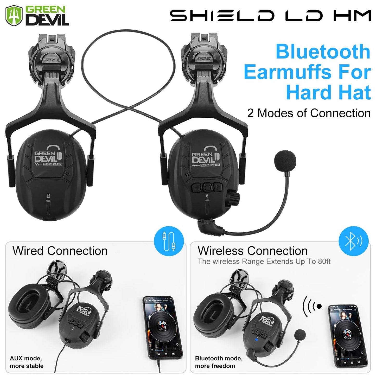 GREEN DEVIL Hard Hat Safety Helmet with Visor Bluetooth Ear Muffs and Headlamp 5 in 1 Full Protection Vented Work Hardhat ANSI Z89.1 Cascos De Construccion for Industrial Construction Forestry