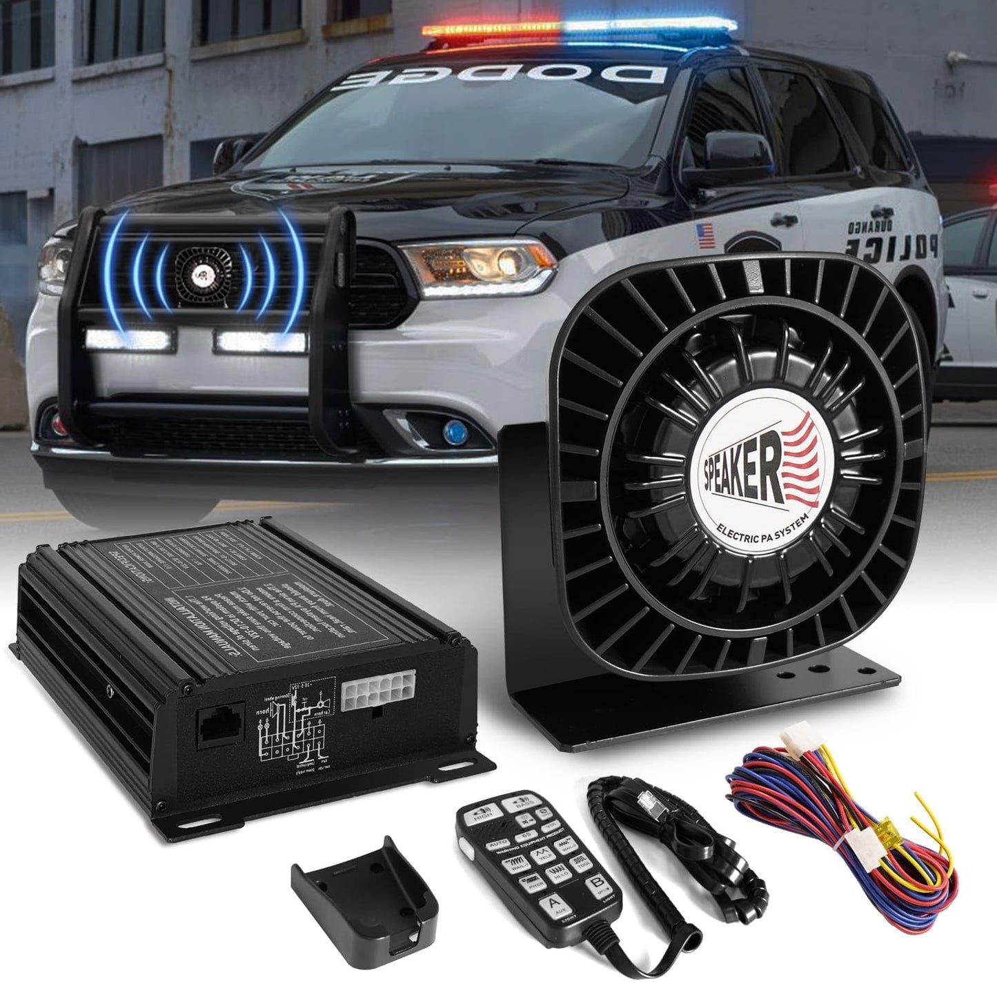 Emergency Police Siren Speaker Kit, 200W Multi-Tones Emergency Sirens PA System Extra Slim Speaker with Handheld Microphone, Car Alarm Megaphone for 12V Vehicles, Tow Truck Pickup Ambulance SUVs