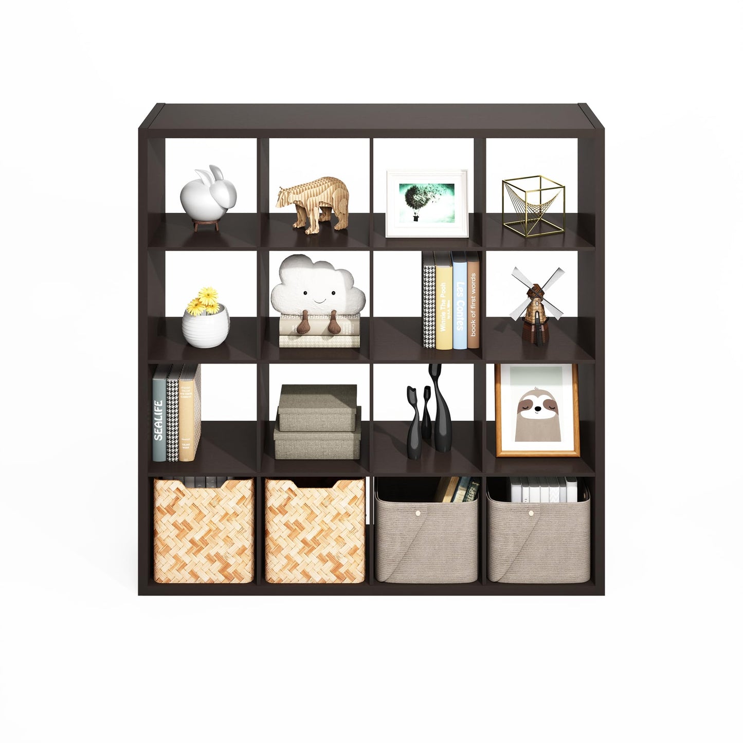 Furinno Simple Cube Storage Organizer, 16-Cube Display Shelf, Open Back Shelving Unit, Storage Shelves, Extra Thick Frame, for Organization and Storage, Living Room, Home Office, Black Dark Oak