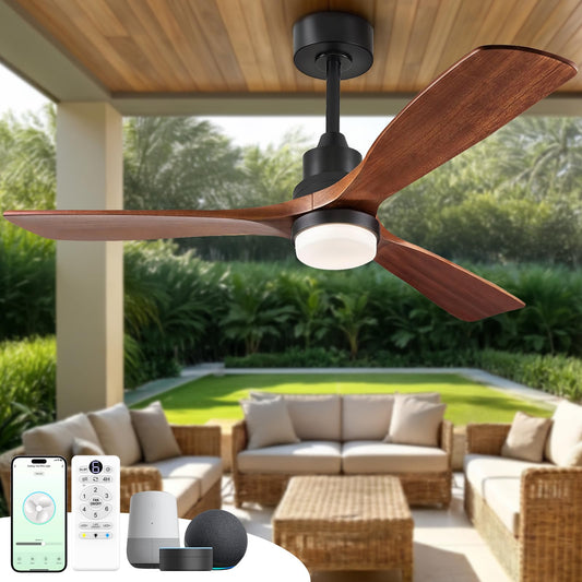 ORGINESE 60 inch Smart Ceiling Fan with Lights,Outdoor Ceiling Fan 3 Wood Blades Compatible with Alexa/Gg Voice Control&App&Remote,Quiet DC Motor for Covered Patio Porch Bedroom,Dark Walnut