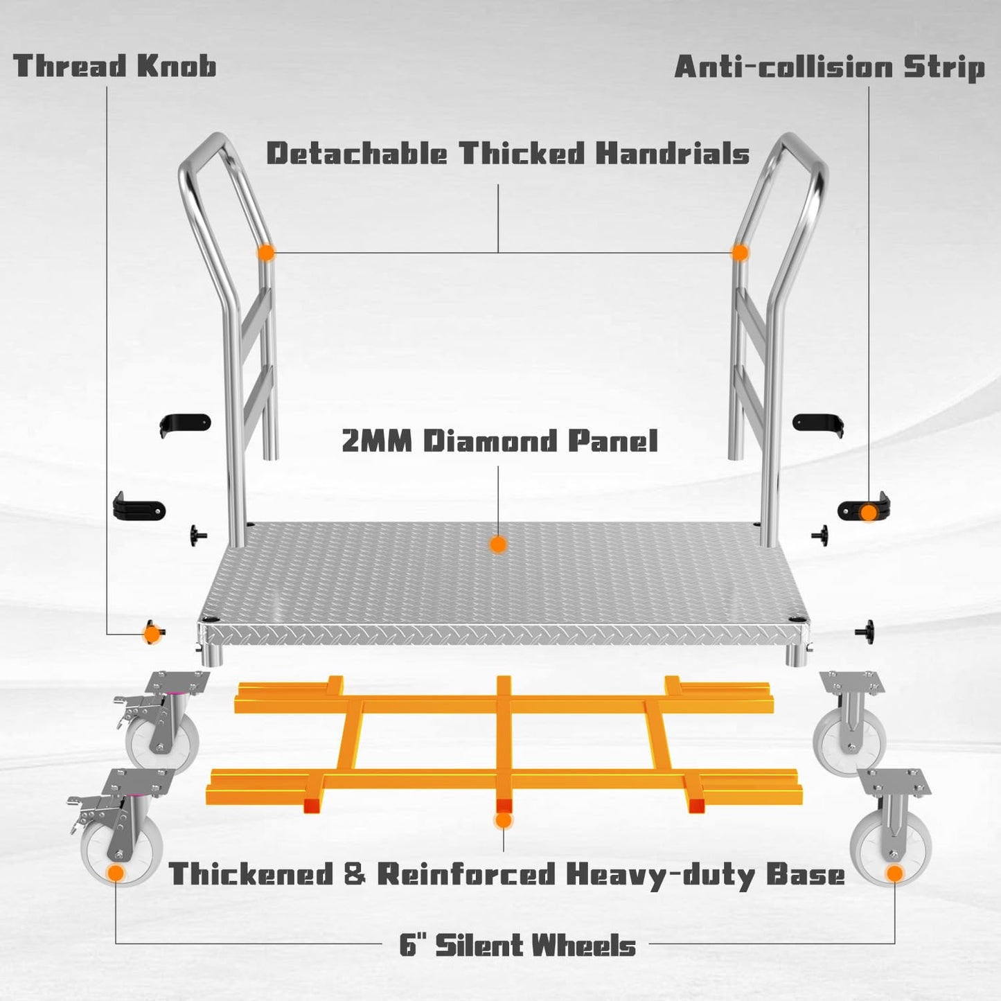 Heavy Duty Platform Truck 3000 lb Capacity, 44" x 28" Steel Flatbed Cart with 2 Detachable Handles, 6" Rubber Swivel Wheels, Industrial Push Dolly for Warehouse & Commercial Use