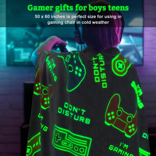 Glow in The Dark Gamer Gaming Blanket Gifts Toys for Kids Boys 1-14 Years Old Birthday Christmas Easter Gift Toddler Teens Boyfriends Game Controller Presents Throw Game Room Decor Grey 50"x 60"