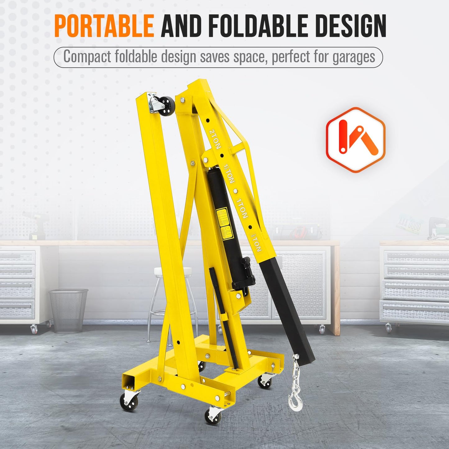 2 Ton Hydraulic Engine Hoist (4400LB) – Heavy Duty Folding Shop Crane with 6 Swivel Casters & Telescopic Boom | Adjustable Lifting for Car Engines, Transmissions | Garage, Workshop, Factory, Yellow