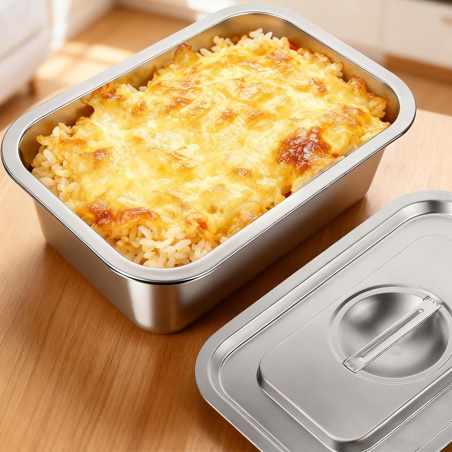 Skiennix 4-Inch Extra Deep Lasagna Baking Pan - 304 Stainless Steel with Lid | 8.5x12.4 Inch, Silver