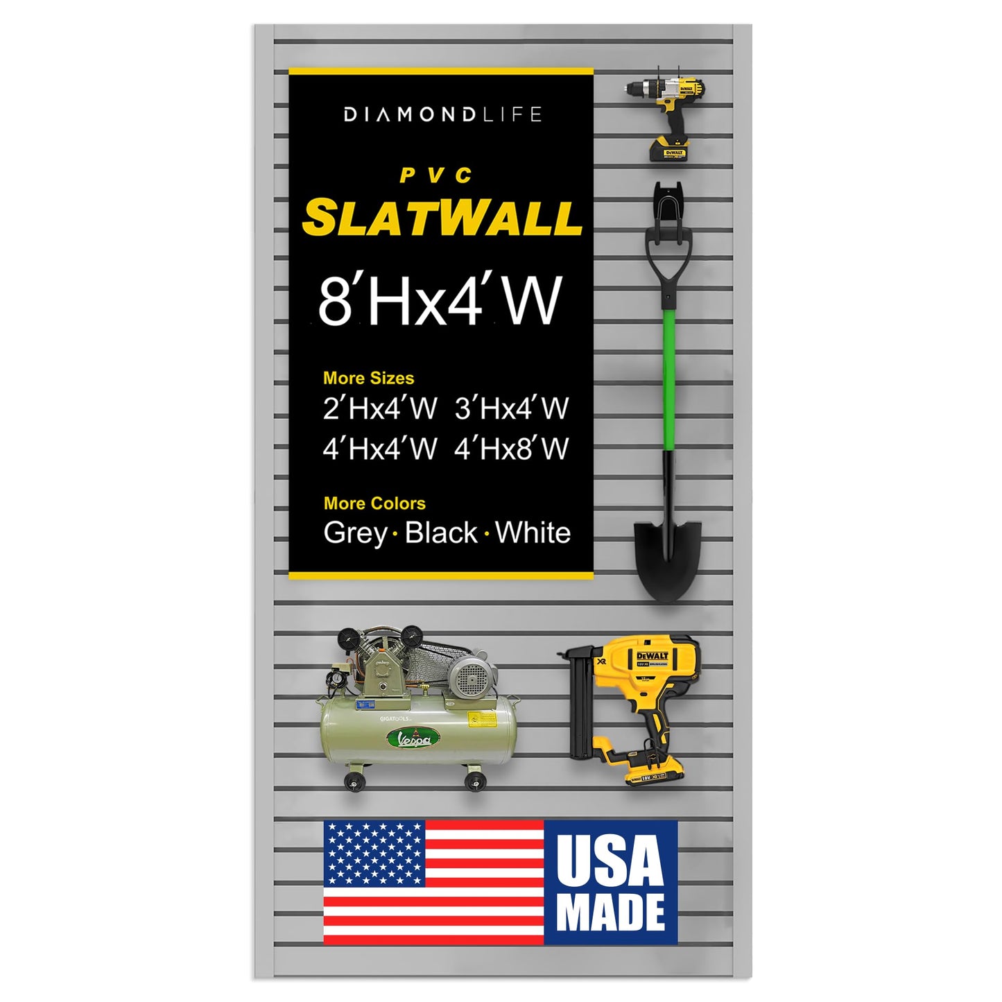 Heavy Duty 8'H X 4'W PVC Garage SlatWall Storage System (with Endcaps & Screws) - Modular Slat Wall Paneling for Garage Wall Organizer - Interlocking SlatWall Panels for Home & Commercial Use (Grey)