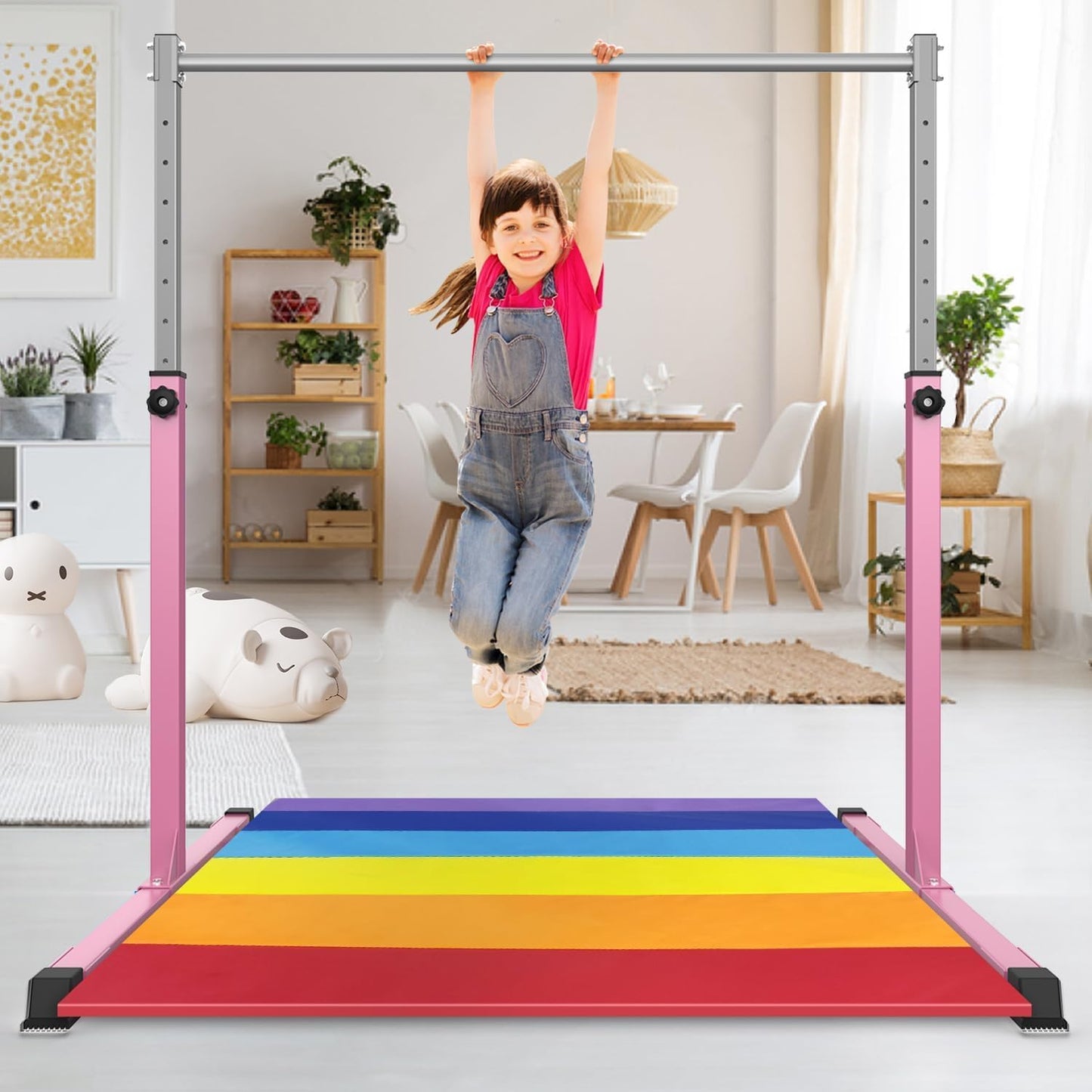 Safly Fun Gymnastics Bar for Kids Ages 3-15 | Sturdy Steel Home Gym, Adjustable Height (3 to 5 ft) with Anti-Slip Base, Easy Assembly