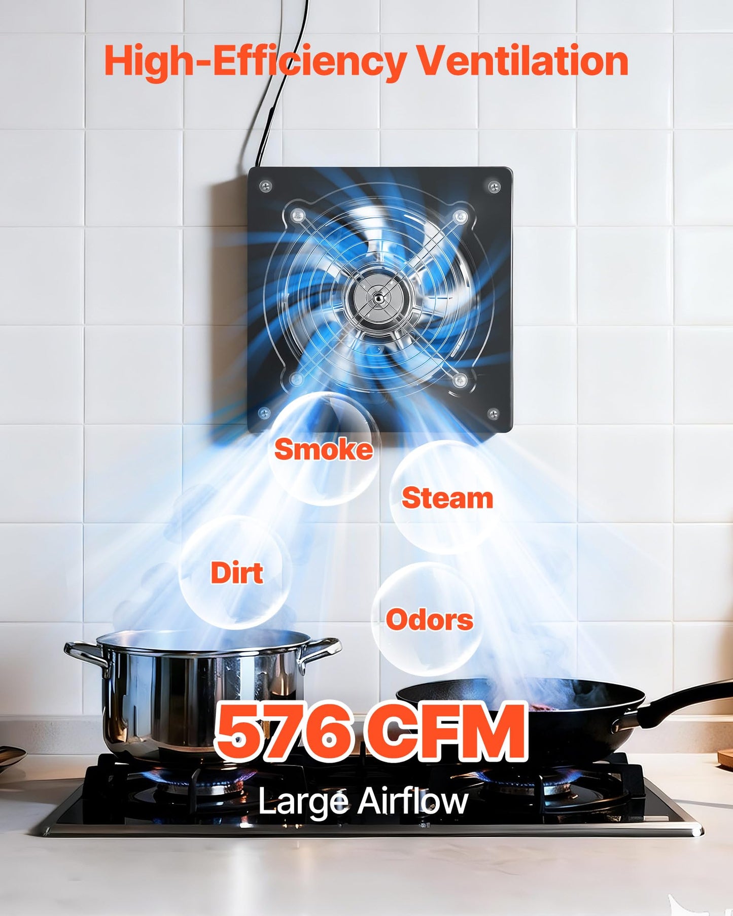 VEVOR 8 Inch Exhaust Fan, 576 CFM High Velocity Wall Mount Vent Fan with On/Off Control, Low Consumption, Portable Ventilation Extractor for Attic,Garage,Basement,Workshop,Kitchen, Chicken Coop,Black