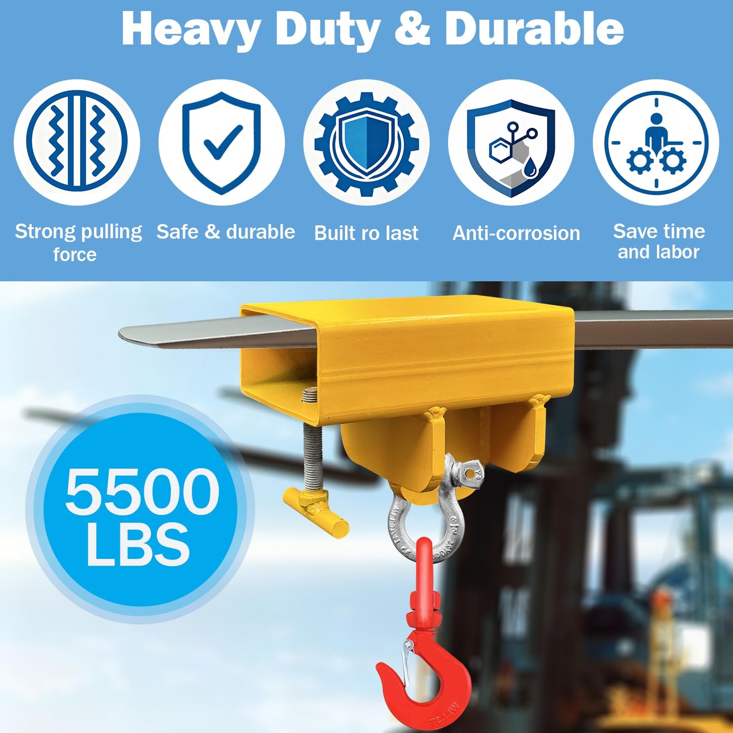 AUXHDK Forklift Lifting Hook Attachment, 5500lbs Capacity Hook Forklift Lifting Hoist, Heavy Duty Single Forklift Mobile Crane with Swivel Hook and Large T-Screws, Fork Lifting Hook Device Accessories