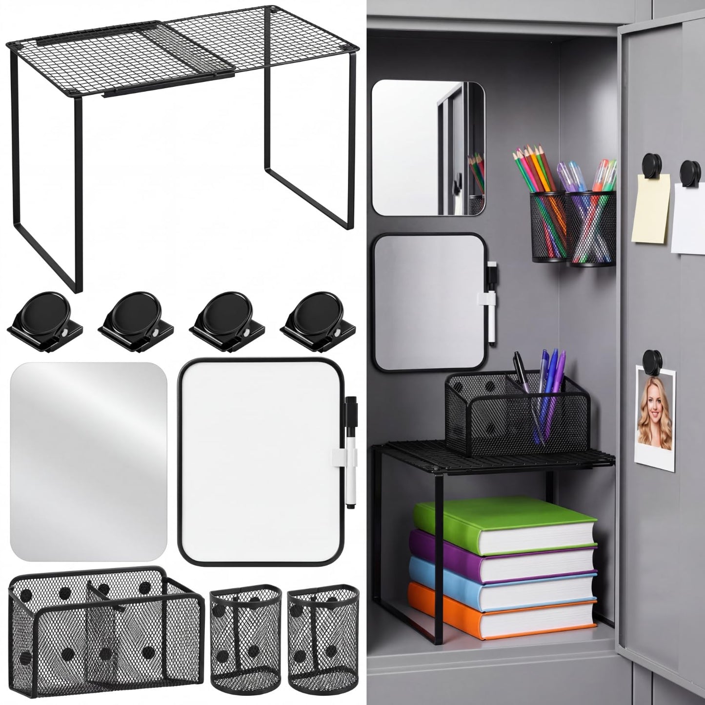 Colarr Adjustable Locker Shelf Organizer Set with Magnetic Accessories, Locker Shelf Adjustable 10.6–15 Inch with Magnetic Pen Holders Whiteboard Mirror Shelves for Classroom School Lockers (Black)