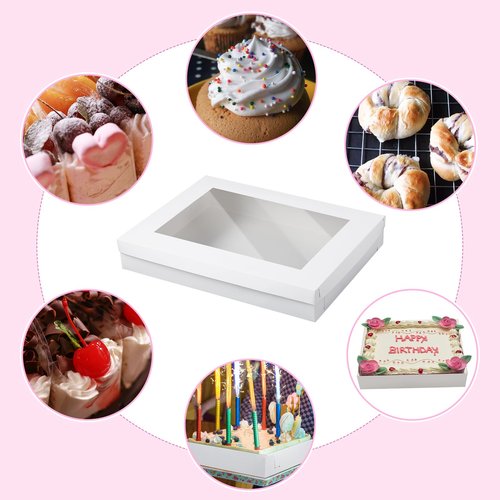 Chivertion 5 Set Full Sheet Cake Box 26 x 18 x 4 Inch with Cake Boards and Pink Satin Ribbon Large Rectangle Bakery Boxes with Window White Bakery Boxes for Packaging Cupcakes Muffins Pie