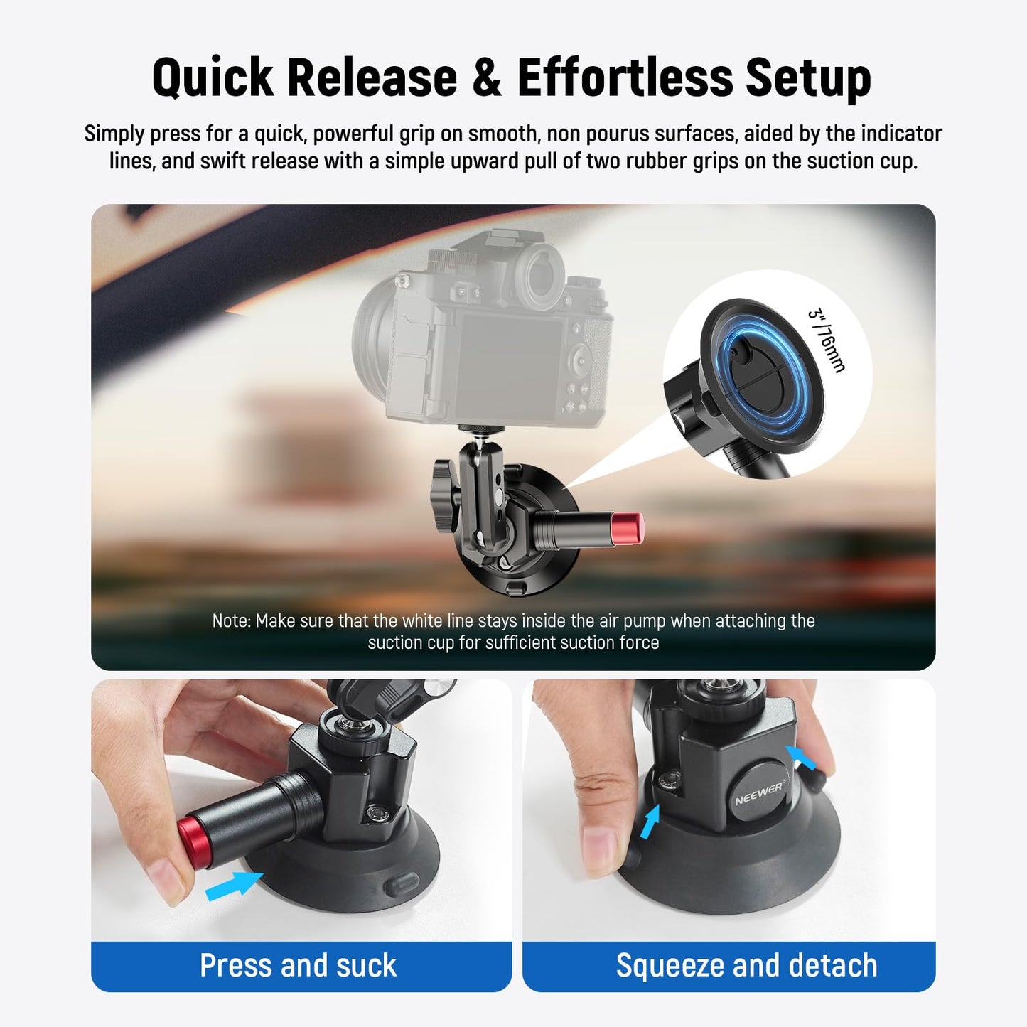 Neewer 3" Suction Cup Camera Mount Bracket with Ball Head Magic Arm, 1/4" ARRI Holes, Quick Release Car Mount with Phone Holder & Action Cam Adapter Compatible with iPhone DJI Insta360, CA104