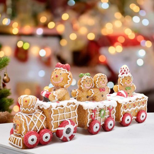 Hodao Christmas Gingerbread Man Train Figurine - Handmade Polyresin Winter Decor | 9.25” Length
