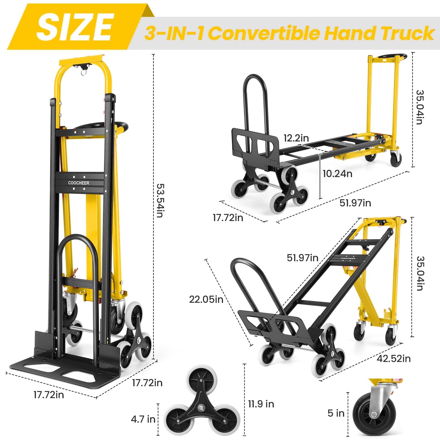 Heavy Duty Stair Climbing Hand Truck - 1000 LBS Capacity 4-in-1 Convertible Dolly Cart, Foldable Platform Utility Cart for Moving Boxes, Industrial Grade Steel Construction(Yellow)