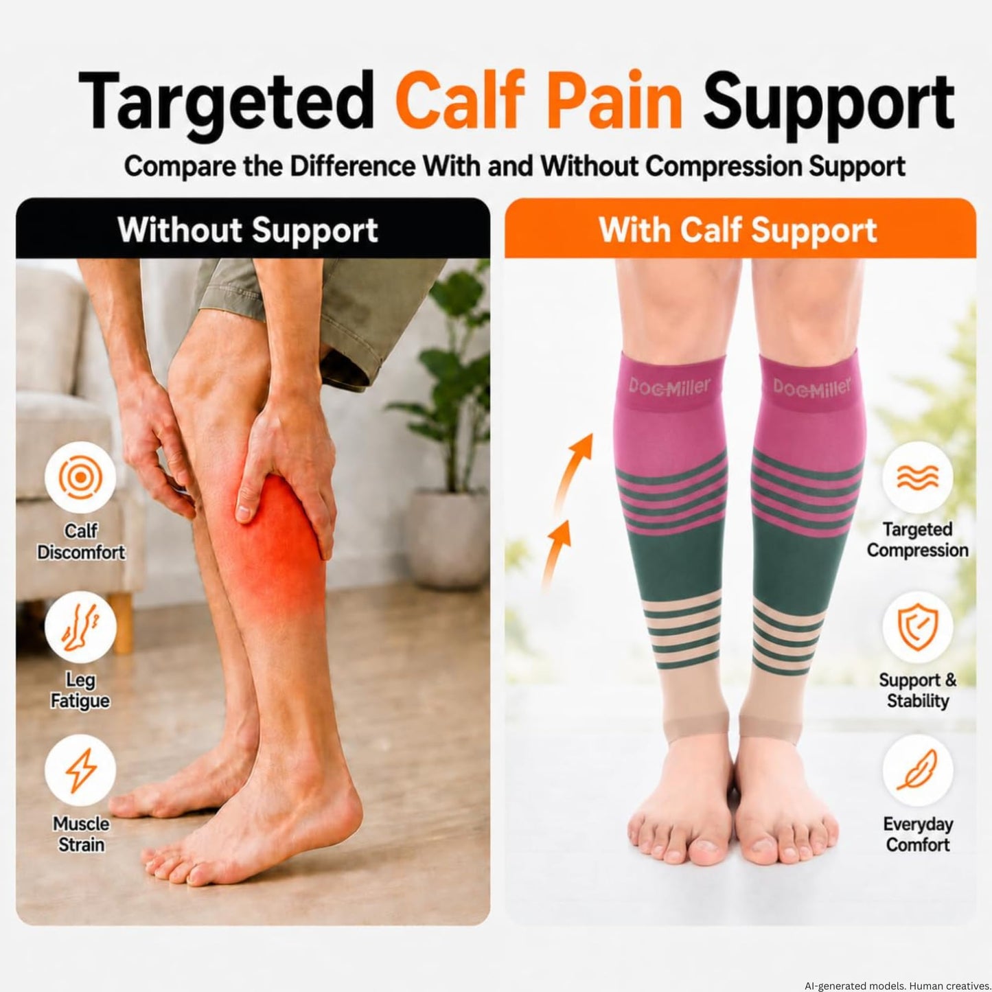 Doc Miller Calf Compression Sleeve for Men & Women – 20–30 mmHg Graduated Compression, Footless Compression Socks Alternative for Running, Shin Splints, Swelling, Varicose Veins –Calf Support, 1 Pair
