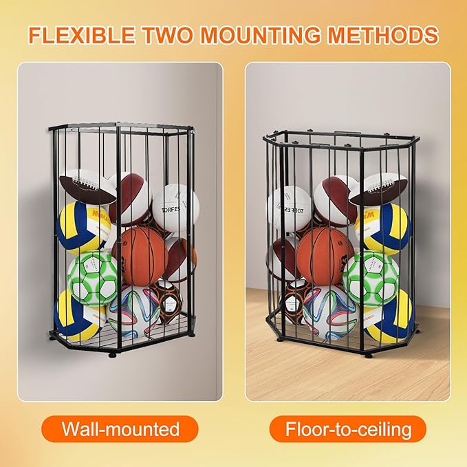 Garage Ball Storage Rack,with Bungee Cord Sports Equipment Organizer,Can be Wall-Mounted & Floor-Mounted Mount,FitBasketball,Footbal,Volleyball,Gym,and Garage Ball Storage (Black)