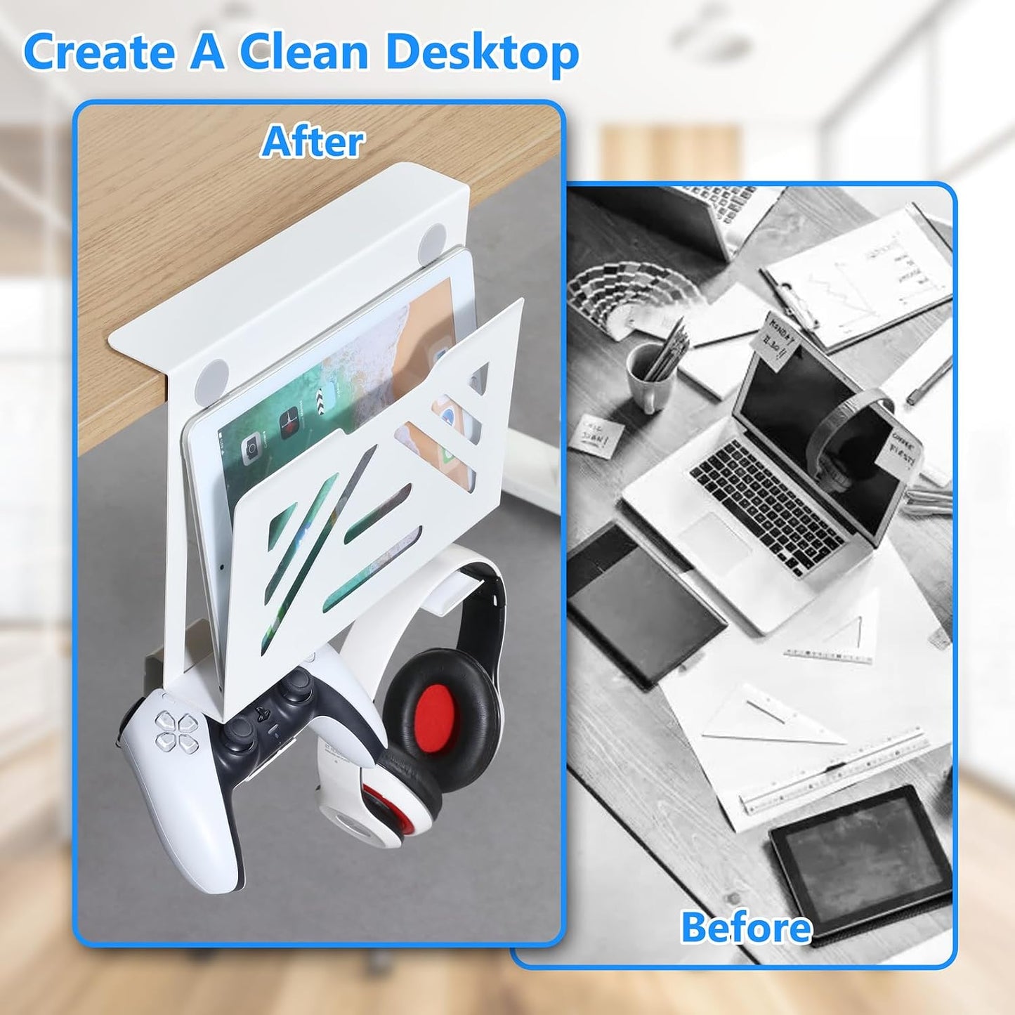 2 22 Lbs MAXECHO Desk Side Storage, Under Desk Laptop Mount, Table Side Hanging File Organizer, No Drill Clamp On Cable