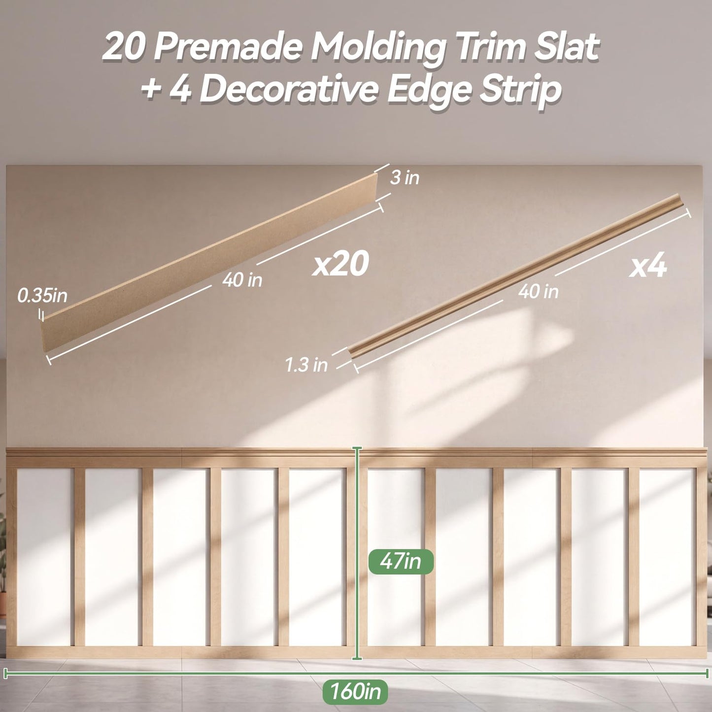 Maasechs 24 Pcs Mdf Board and Batten Wall Panel Kits, 160'' L x 47'' W Premade Wainscoting Panels Decorative Wall Molding Trim Slats Paintable Accent Kit for DIY Kitchen Home Bedroom Living Room Decor