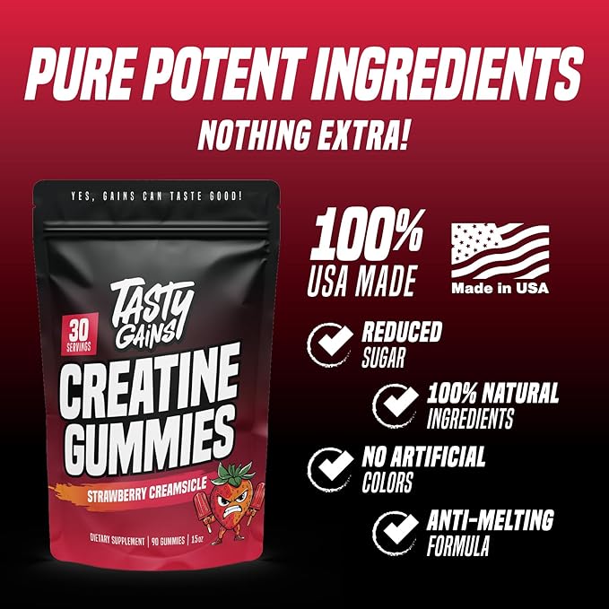 Creatine Gummies - 90g of Creatine Monohydrate - Workout Supplements - Build Muscle & Boost Strength for Men & Women - Made in USA - Non GMO - (Large, Strawberry Creamsicle Flavor)