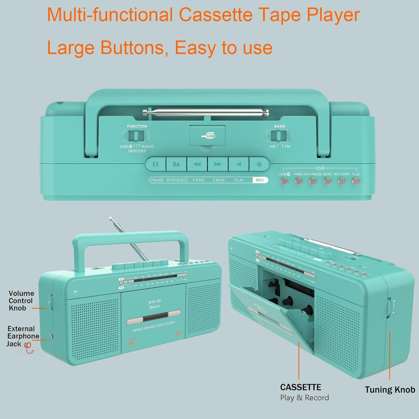 WISCENT Cassette Playback/Recording,Cassette MP3 Portable Retro Stylish Player Recorder Boombox