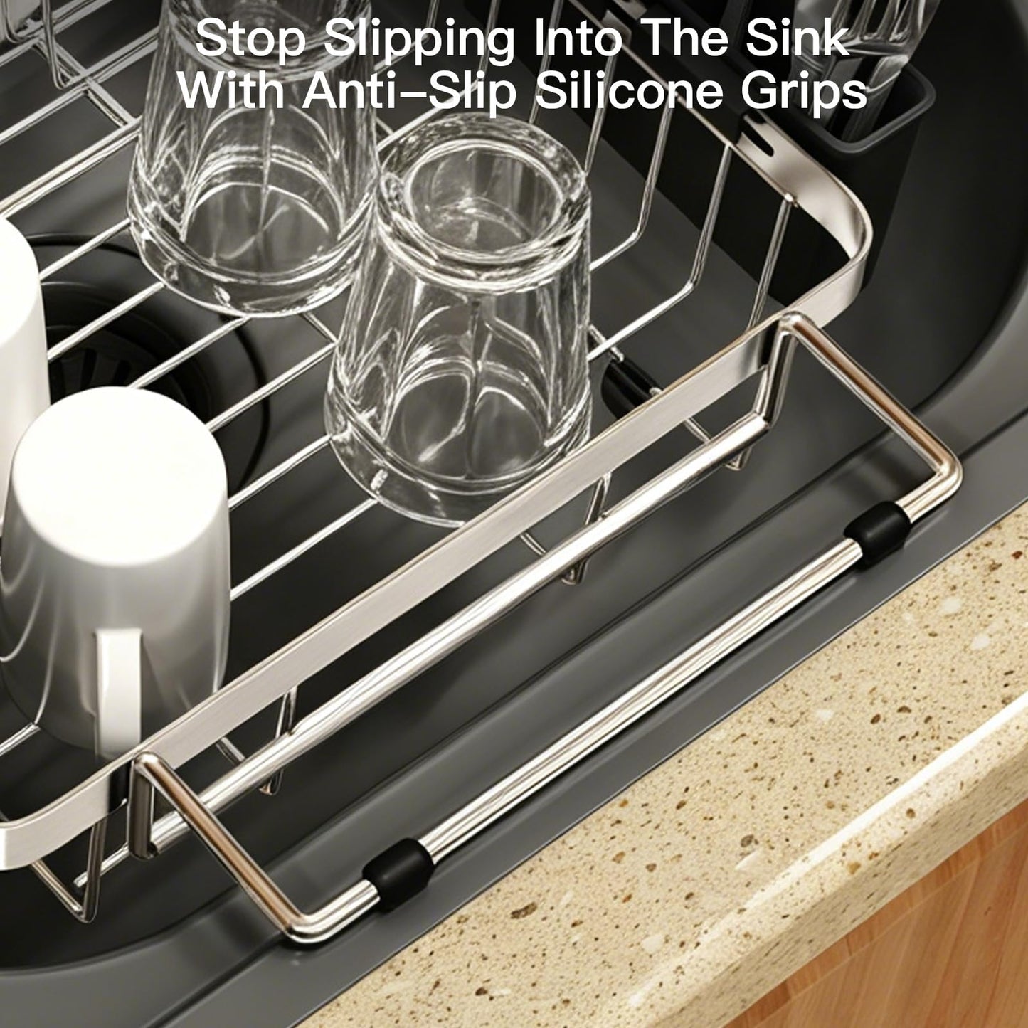 MAJALiS Dish Drying Rack Over The Sink, Expandable Stainless Steel Dish Drainer for Small Kitchen Counter Space Saving, RV Compact Plate Strainer In Silver Metal with Hanging Adjustable Utensil Holder
