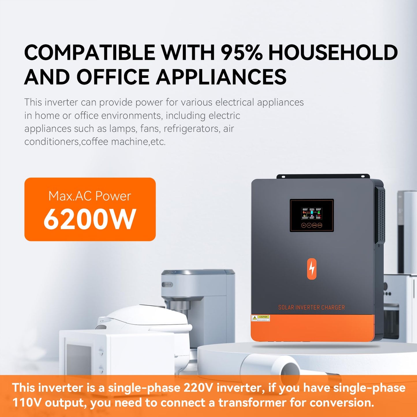 6200W Hybrid Solar Inverter, 48V to 220/240VAC, Off-Grid Solar Inverter w/ 120A MPPT Solar Charge Controller, Max PV Input Power 6500W, Max PV Array Voc 500Vdc, Work 48V Lead Acid & Lithium Battery