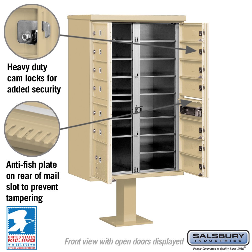 Cluster Box Unit with 13 Doors and 1 Parcel Locker in Sandstone – Type IV, for use with The USPS Lock