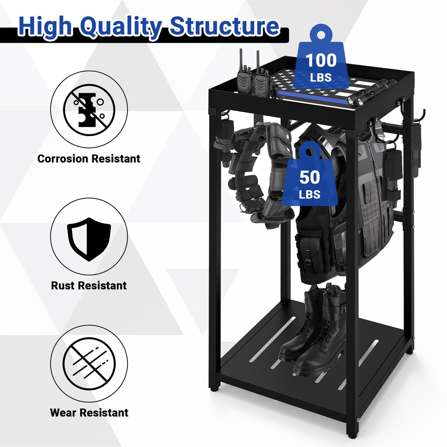 Neoaider Police Gear Stand 18” x 18” x 38”, Tactical Duty Gear Rack Decor with Thin Blue Line Flag, Black Police Hanger with 7 Hooks, Body Armor Stand for Police Gift