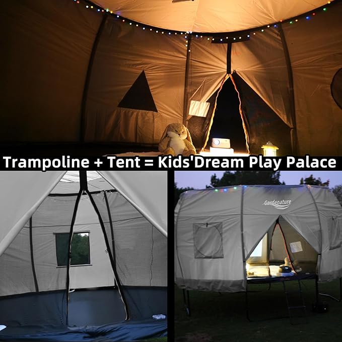 Gardenature 10FT/12FT/14FT Trampoline Tent(Tent Only), Fit Round Trampolines, Shade Cover with LED Light, Outdoor Trampolien Accessories, Anti-Tear