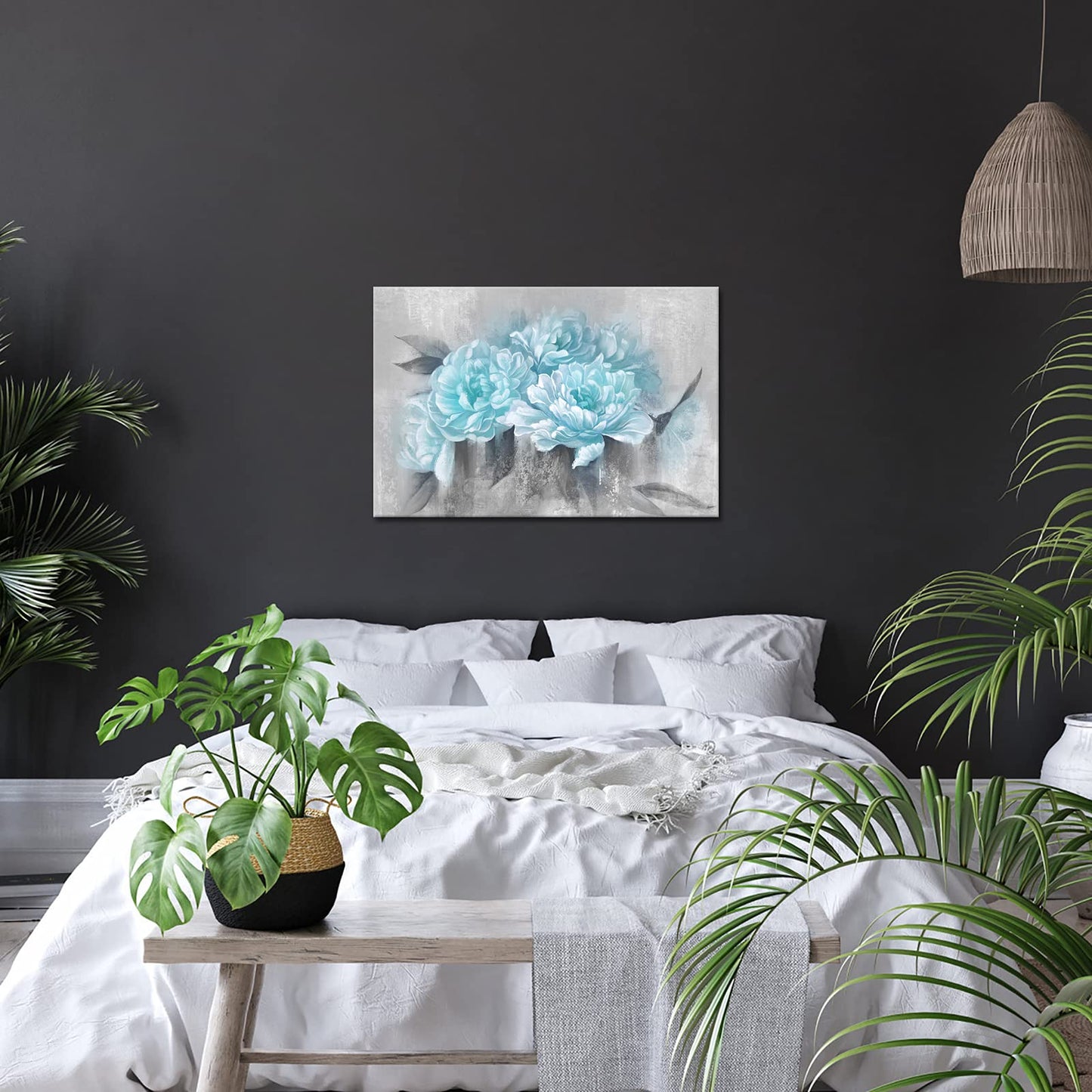 DuoBaorom Aqua and Light Grey Bedroom Elegant FLower Wall Art 24x36 inches