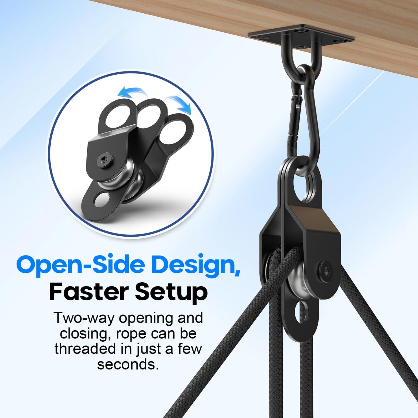 fshihine Black Pulley Block System Set Include 2 Double Pulley with Ball Bearing Inside, 16ft Nylon Rope, Eye Pad Plate and Spring Hooks, Pulley Wheel for Lifting, DIY Projects and Clothesline