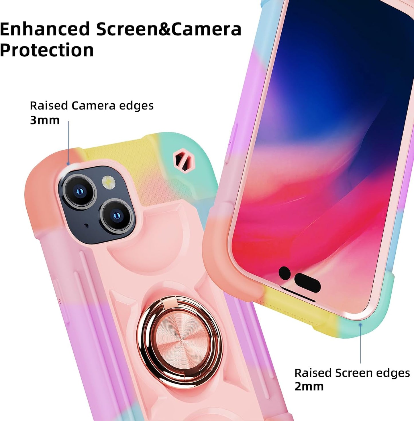 Cookiver 15 6.1" Compatible with iPhone Case - Heavy-Duty Shockproof Military-Grade Rugged Cover with Ring Stand, Glass