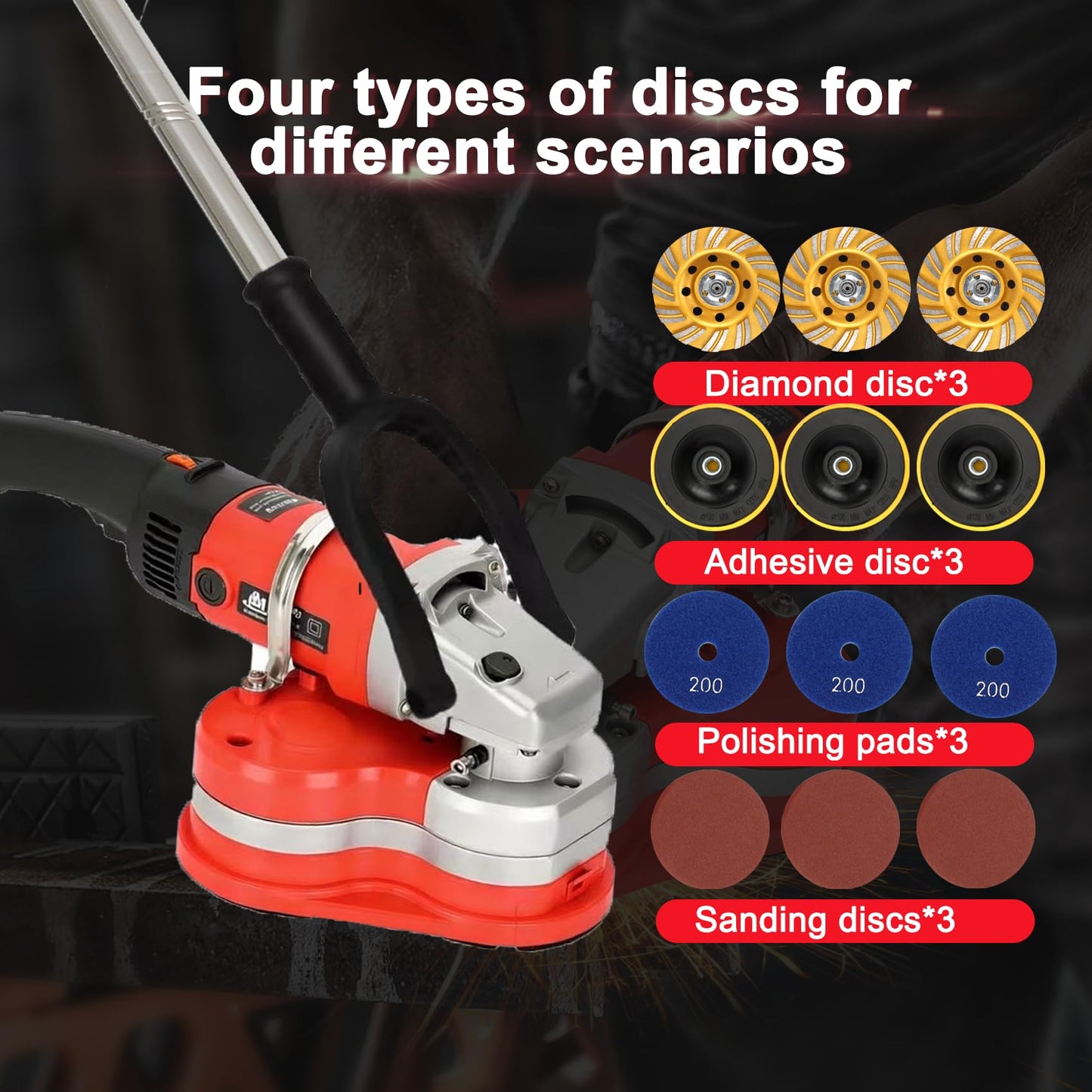 Electric Diamond Polisher Machine with Telescopic Rod，3800W Concrete Grinder Machine with 6-Speed Control & Dust Collection Cover, Floor Grinder for Grinding Concrete Deck Marble Granite