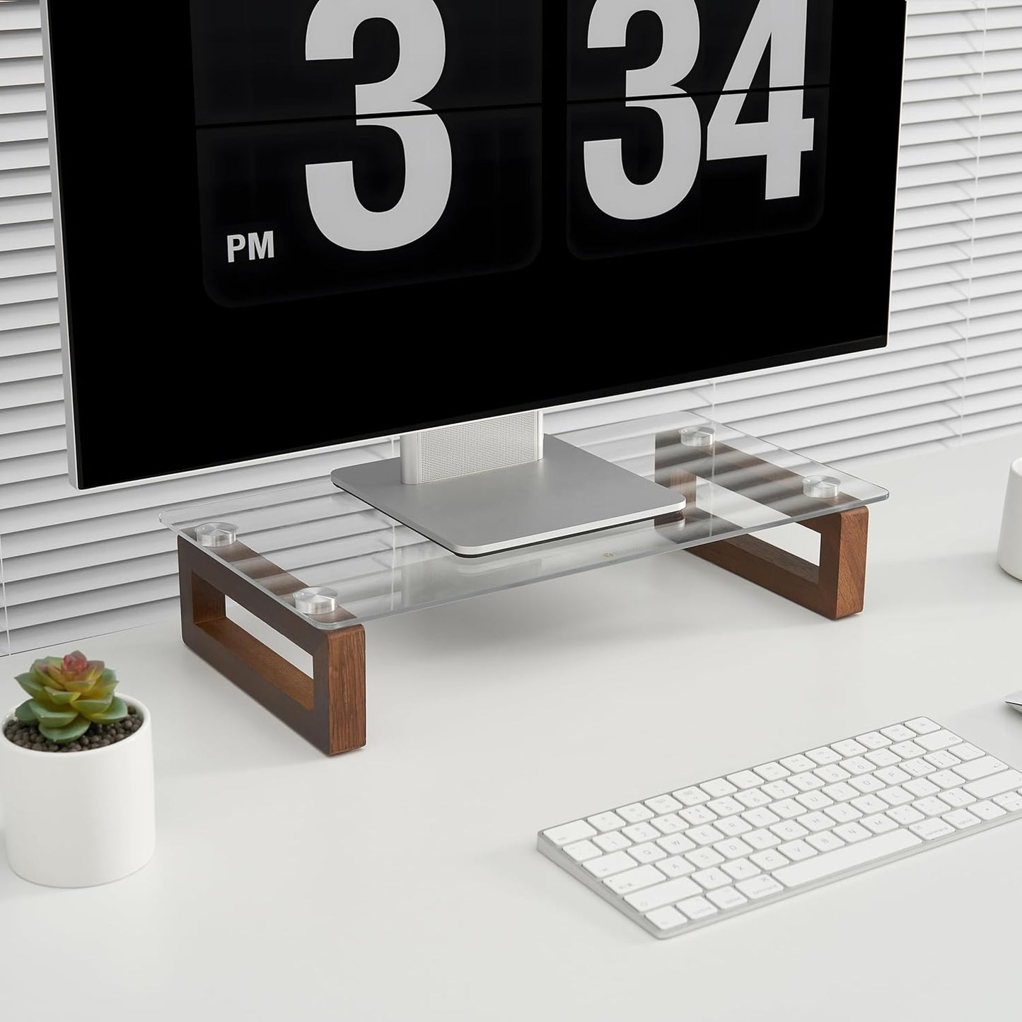 YEOUX Multi-Purpose Desktop Stand, Clear Floating Computer Monitor Riser with Natural Wood Base, Desk Organization