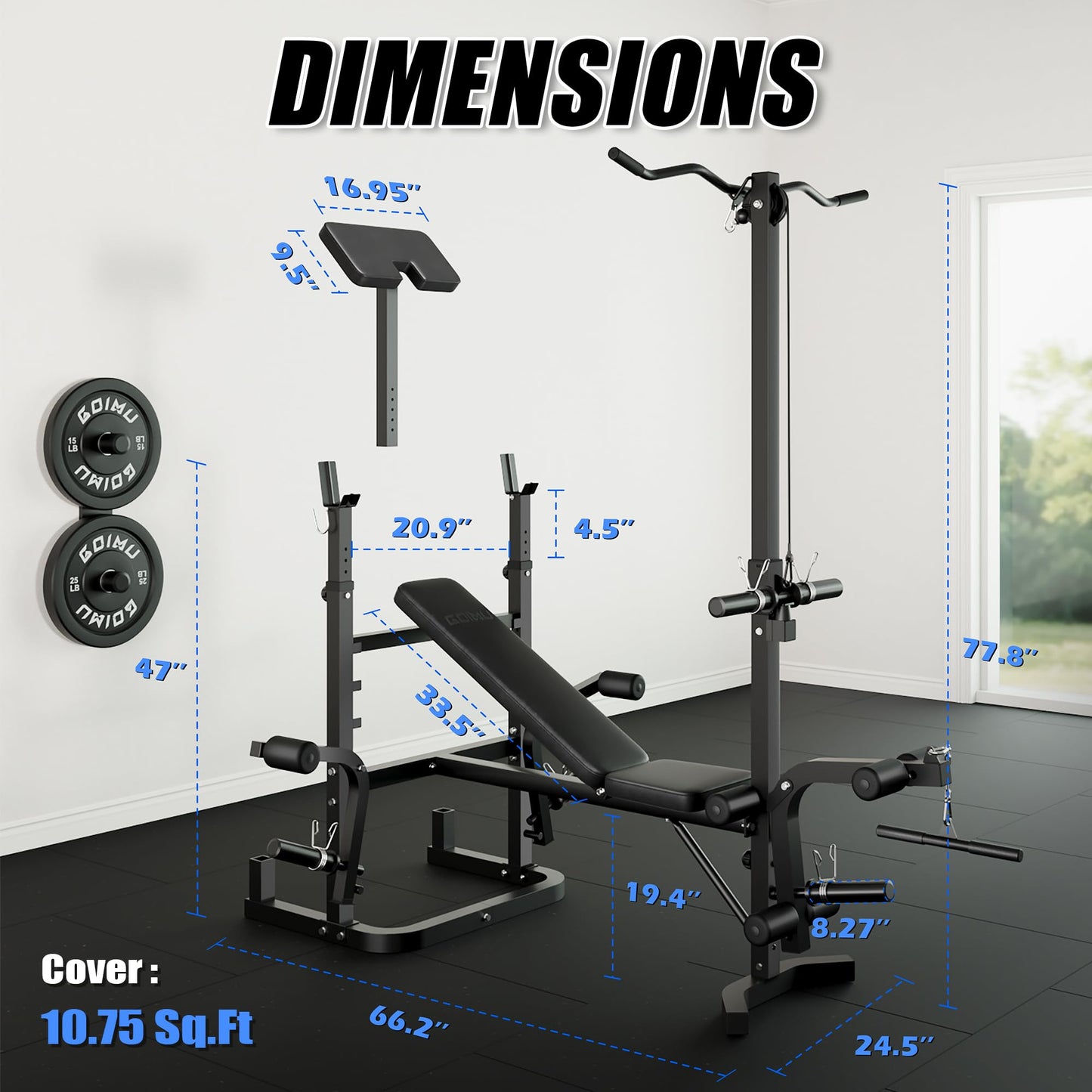 Goimu Z3 900LBS Olympic Weight Bench Set with Leg Extension, 9 in 1 Workout Press with Preacher Curl Pad and LAT Pulldown, Strength Training Bench for Home Gym (100lbs Colorful Plates and Bench)