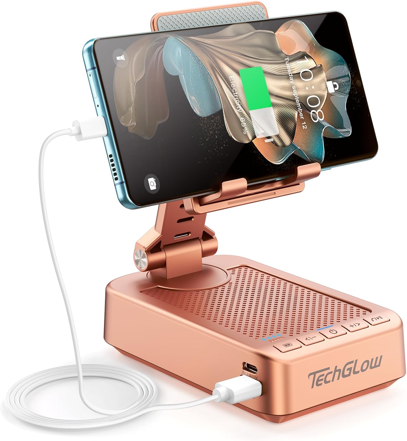 TechGlow 360 Gifts for Men Women Foldable Cellphone Stand with Bluetooth Speaker and Charging Function Rotatable Phone