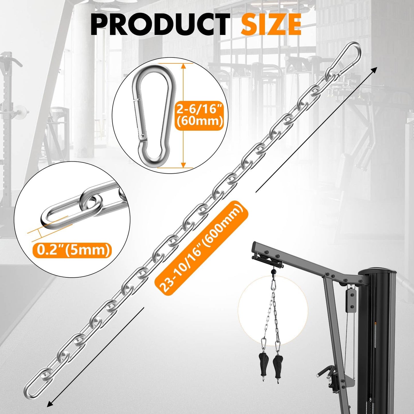 Anobeyi 23.6" Gym Fitness Cable Extension Chain, 304 Stainless Steel Cable Machine Extension Accessory, Workout Chain for Home Gym Replacement, Weight Lifting, Triceps Exercise (Silver-1pc (Dia-5mm))