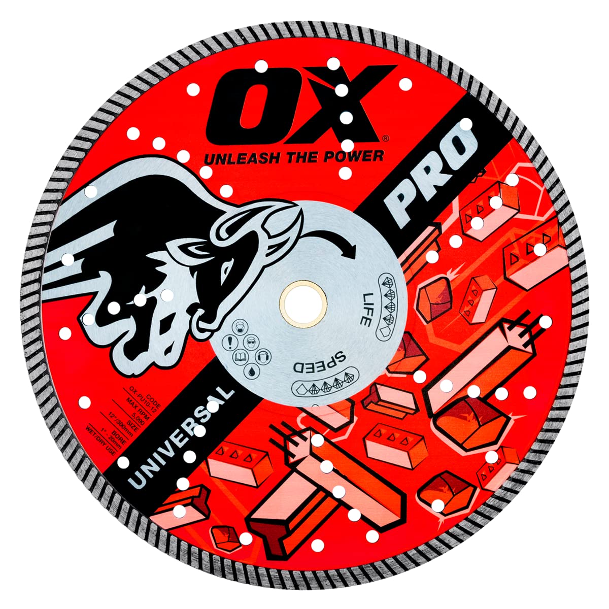 OX Tools 10 inch Universal Dry/Wet Cutting Diamond Blade for Concrete Saw, Cuts Concrete, Granite, Metal, Natural Stone, and Tiles - 7/8 inch - 5/8 inch Bore, Continuous Turbo Segments, OX-PU10-10