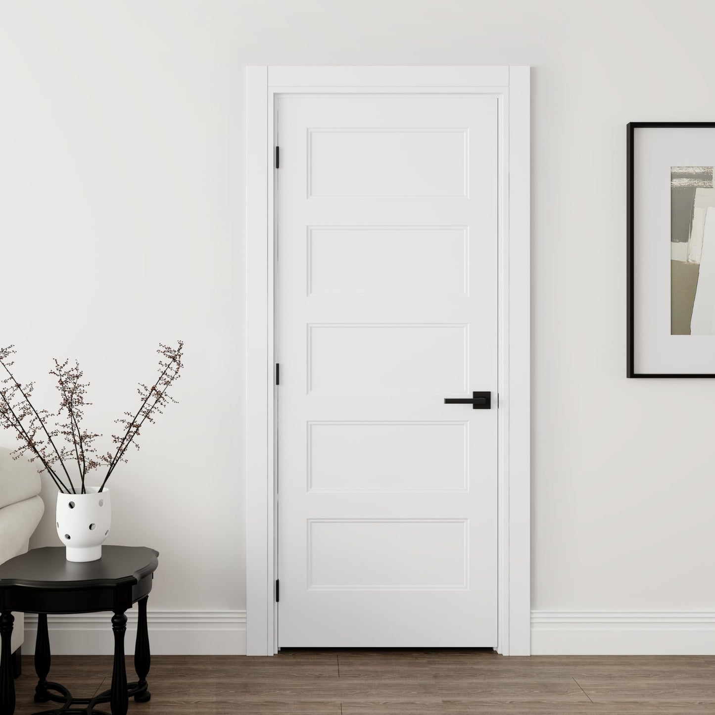 JUBEST 32"x80" Right-Hand Prehung Interior Door with Knock Down Jamb Kit & Matte Black Hinges, 5-Panel White Primed Hollow Core Molded Door Slab with Bore & Hinge Cutout, Durable & Sturdy, No Handle