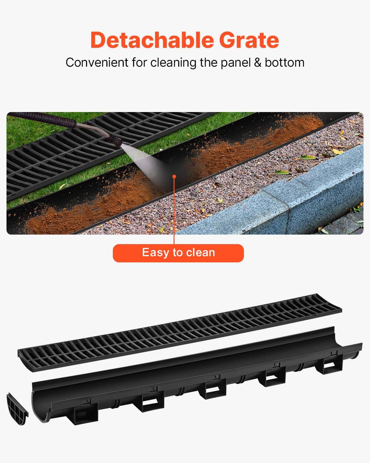VEVOR Trench Drain System 6 Pack, Channel Drain with Plastic Grate 5.8 x 3.1 in HDPE Drainage Trench, Black Plastic Garage Floor Waterway 6 x 39 in with 6 End Caps for Garden Driveway
