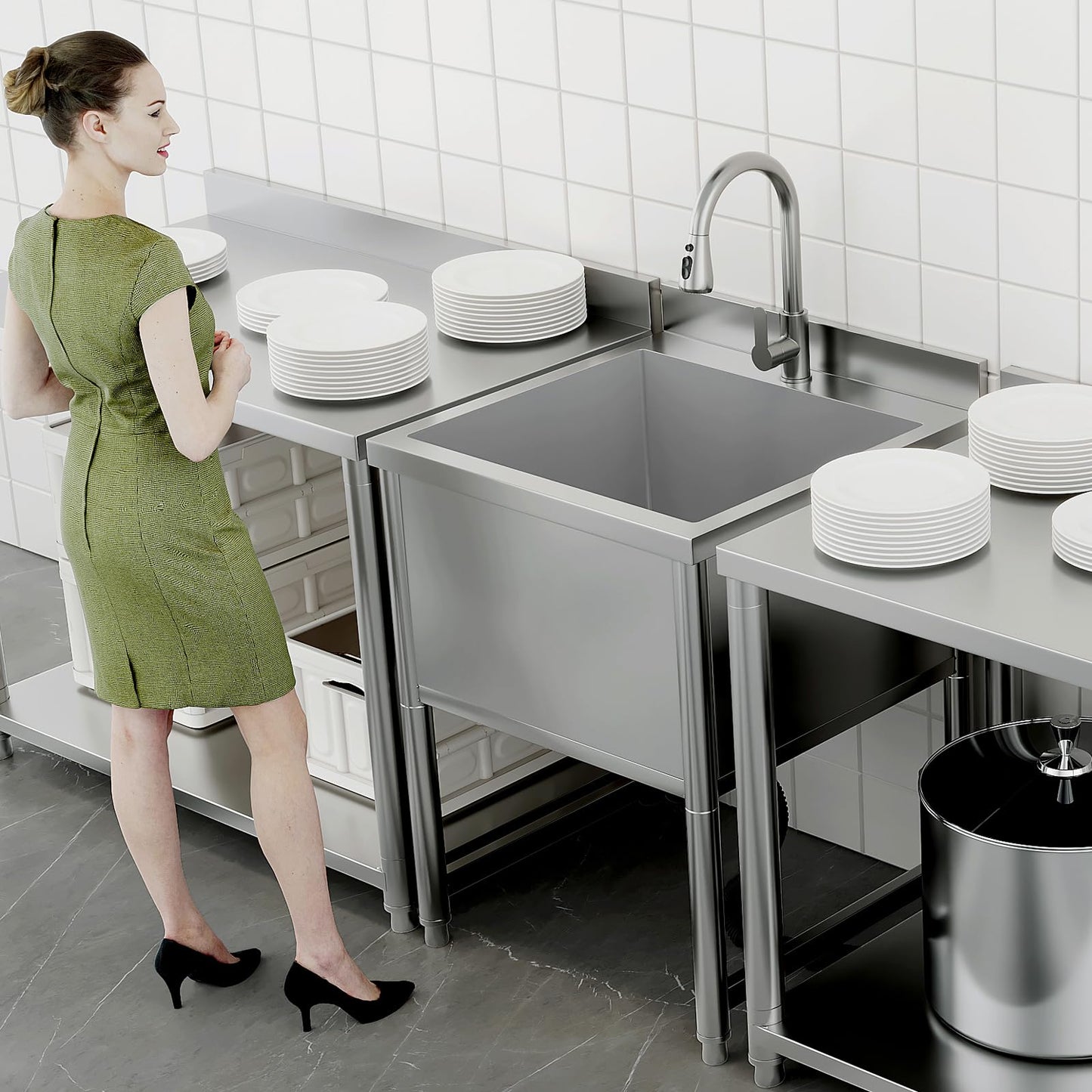 Stainless Steel Commercial Restaurant Sink, Freestanding Large Commercial Sink with Pull-out Faucet for Kitchen Dishwashing, Thawing, Pet Cleaning, Laundry Room, 23.6"D x 21.6"W x 36.8"H